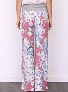 Floral Drawstring Fold Over Band Wide Leg Lounge Pants - 粉色 - 查看 2
