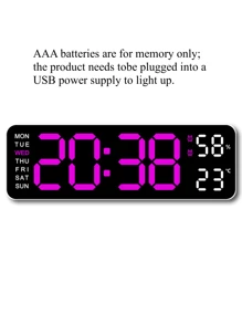 1 现代多功能静音大屏幕 LED 挂钟，带时间、日期、温度和湿度显示，矩形大字体闹钟房间装饰时钟墙壁卧室装饰宿舍装饰返校学校装饰学校惊喜 - 彩色 - 查看 14