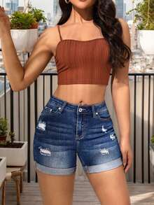 Pantalones cortos de mezclilla simples y diarios con huecos para mujeres, Shorts Mezclilla Stretch Bajo Doblez para mujeres - Azul - Ver 5