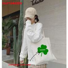 Personalized St. Patrick's Day Shoulder Bag, Minimalist Large Capacity Shopping Tote Bag, Customized With Name, Nickname, Birthday, Anniversary Info, Stylish Commuter Bag, Green Clover Hollow Out Text Custom Design - Beige - View 1