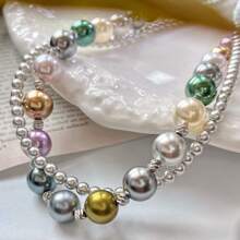 1pc Double-Layer Twisted Retro Mixed Bright Crystal & Faux Pearl Necklace, Fashionable Choker Necklace For Women, Suitable For Daily Matching, Mother's Day Gift - Picture Color - View 3