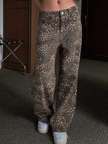 Women's Retro Fashion High Street Leopard Print Jeans, Loose Straight Hip-Hop Pants, Blended, Elegant Style, Long, Can Be Worn In All Seasons, Machine Washable - Màu Khaki - Xem 5