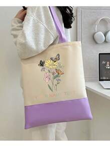 1pc Canvas Patchwork Tote Bag, Customizable Floral Design, Large Capacity, Fashion Minimalist Casual Versatile, Name/Logo Printing, For Shopping, Gift, Foldable, - Multicolor - View 7