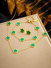 3pcs Women Fashion Elegant 5-Leaf Flower Bracelet, Necklace, Earrings Set, Stainless Steel Non-Fading, Suitable For Daily Wear, Good Gift For Friends