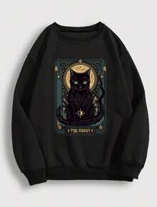 Tarot Cat Sweatshirt (FRONT) Round Neck Men's Women's Flannel Unisex Winter Cold Cotton Blouse - màu đen - Xem 1