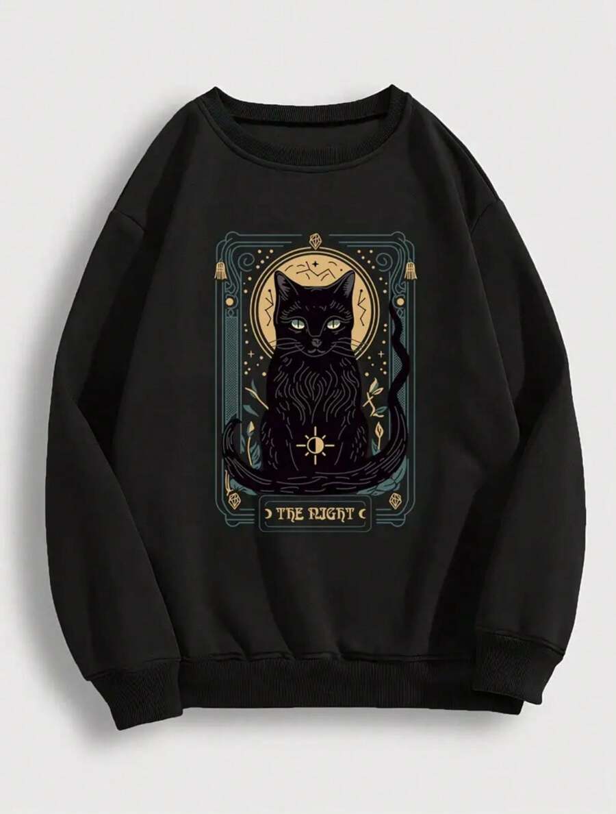 Tarot Cat Sweatshirt (FRONT) Round Neck Men's Women's Flannel Unisex Winter Cold Cotton Blouse - màu đen - Xem 1