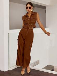 Sollinarry Women's Spring/Summer Denim Effect Textured Sleeveless Top With Drawstring Waist And Cargo Pants 2 Pieces Set - Brown - View 3