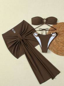 新款春夏性感纯色卡其色三件套比基尼泳衣，海滩度假派对约会装 - 卡其色 - 查看 5