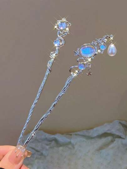 2件套水钻、水晶、仿珍珠和流苏装饰复古/现代中式发夹，发饰，女士礼物，适合日常、派对、婚礼发髻，发髻器，发饰，学生用品，大学用品，珍珠发饰，闺蜜礼物，头部饰品