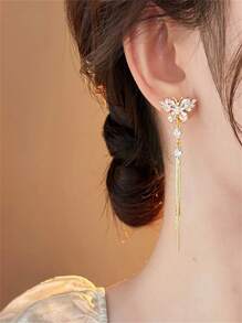 1 Pair Gold-Color Full Paved Rhinestone Butterfly & Tassel Drop Earrings