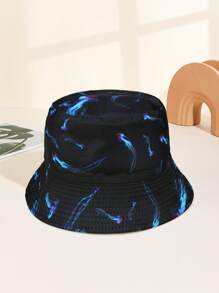 1 件女士海洋动物印花双面渔夫帽，鲨鱼、章鱼、水母图案，适合日常使用