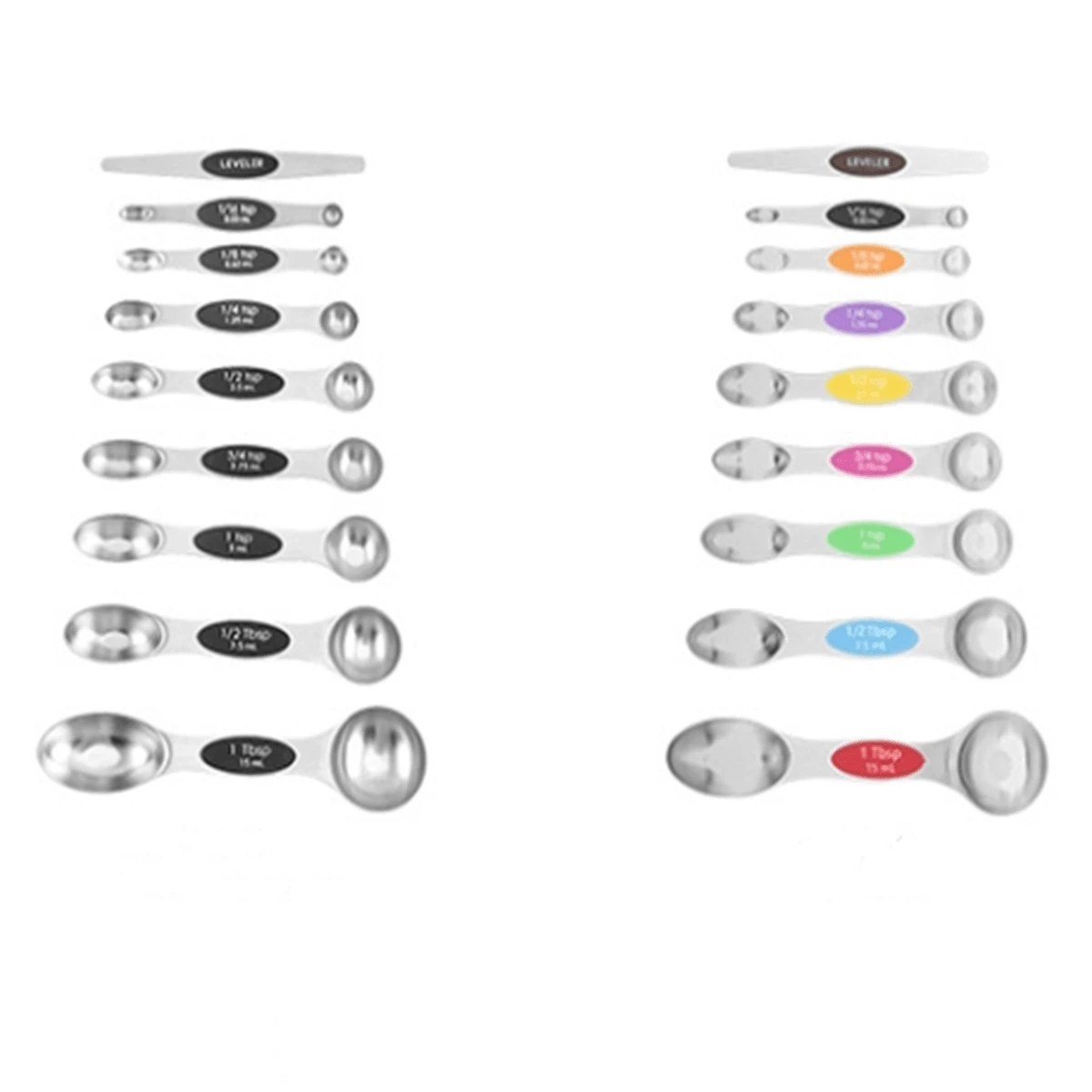 不锈钢磁性量匙套装，带磁铁，重型金属厨房小工具，适用于烘焙和烹饪，适合大多数厨房调味罐，9 件套，带调平器，黑色 - 彩色 - 查看 1