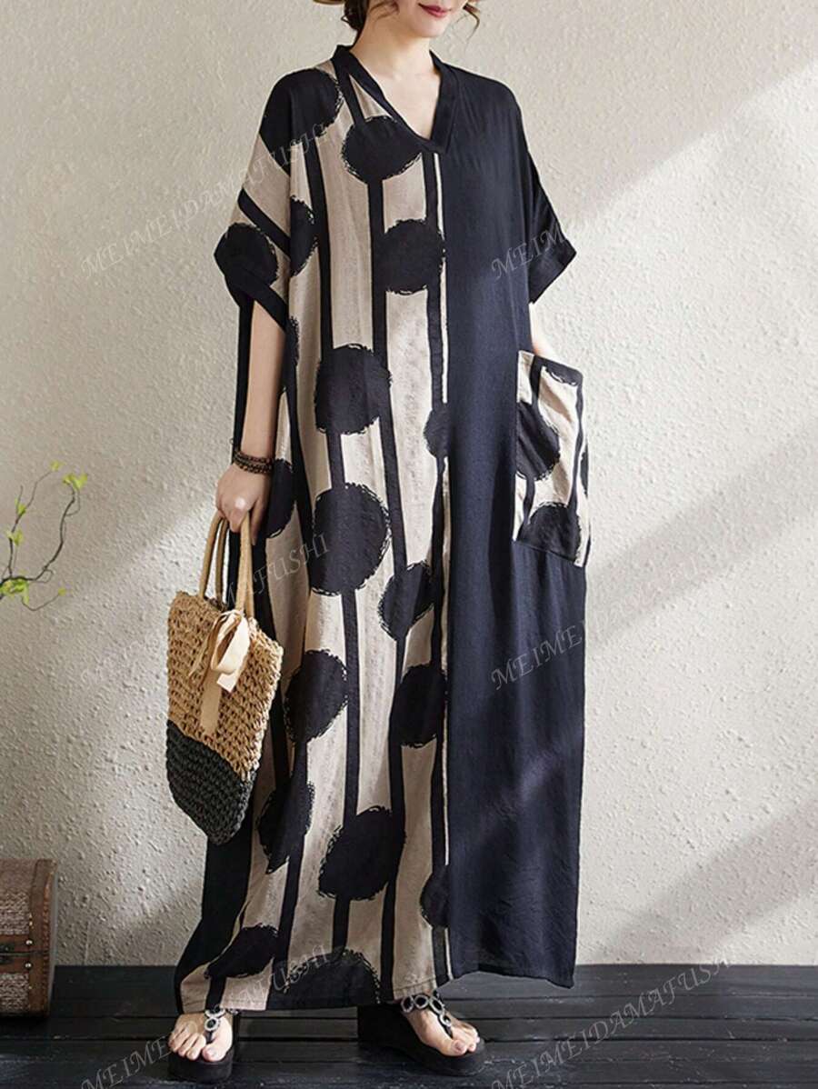 Tops, Women's Polka Dot Dress, Elegant Holiday Dress, Plus Size Bohemian Casual Holiday Dress, 2025 Summer Women's Plus Size V-Neck Short Sleeve Color Matching Loose Striped Big Pocket Dress