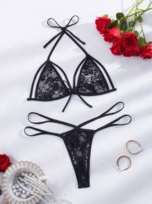 Ning xue yan ying 2 Piezas Conjunto de lencería sexy de mujer con sujetador de encaje transparente con flores, tiras en la espalda, bikini de malla, conjunto de bikini triangular halter de verano, ropa sexy clásica