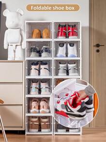 3 个加厚透明鞋盒带盖，可折叠可堆叠鞋子收纳盒，塑料材质，适用于运动鞋，节省空间，适用于入口、卧室、家庭、宿舍 3 个大鞋子收纳盒 - 彩色 - 查看 2