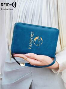 MIYIN RFID Blocking Passport Cover Card Holder With Card Slot ID Window,Solid Color PU Letter&Airplane Pattern Portable Passport Clip Ticket Clip Bank Card Bag Versatile Zippered Mobile Phone Travel Passport Wallet For Men And Women, With Wrist Strap,For Travel Flight Go Abroad For Business,Passport Holder Passport Case Passport Bag Travel Accessories Back To School Stuff (Peacock Blue)