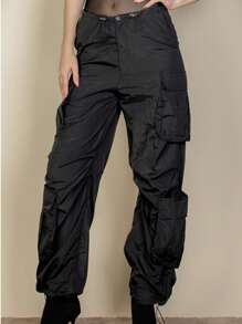 Women's Casual Boho Flap Pockets Drawstring Ruched Parachute Pants - 黑色 - 查看 3