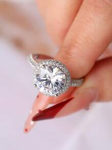 S925奢华欧美经典圆形方晶锆石钻石女士结婚戒指，适合订婚、结婚典礼、周年纪念、生日礼物，高端珠宝 - 銀色 - 查看 1