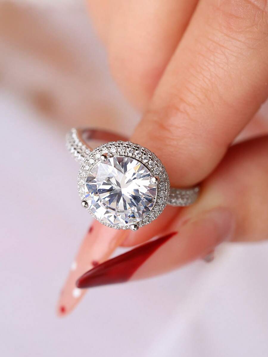 S925奢华欧美经典圆形方晶锆石钻石女士结婚戒指，适合订婚、结婚典礼、周年纪念、生日礼物，高端珠宝 - 銀色 - 查看 1