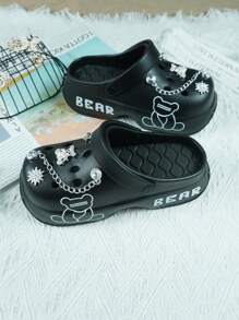 Fashion Women Cartoon Bear Printed Increased Height Cute Simple Spring Autumn Winter Summer Home Indoor Outdoor Casual Dating School Student Girl DIY Handmade Hollow Hole Shoes Travel Wear-Resistant Non-Slip Waterproof Quick-Dry Hole Hole Shoes Slippers - Black-pearl Bear - View 2