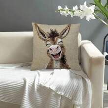 1 Peça Capa de Almofada de Veludo de Poliéster Pêssego, Estampado com Pintura em Aquarela Caprichosa de um Burro Sorridente - Impressão Única Face, Não Bordada, Estilo Country, Com Zíper, Lavável em Máquina, Adequada para Decoração de Sofá e Cama, Medida 45x45cm