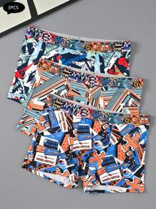 3PCS Men's Underwear Random Print, Stylish, Comfortable, Graffiti Webbing Boxer Briefs - Multicolor - View 1