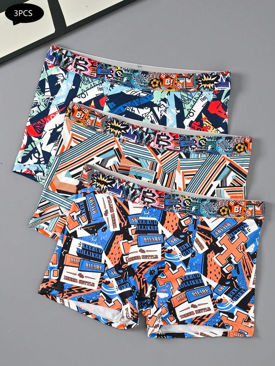 3PCS Men's Underwear Random Print, Stylish, Comfortable, Graffiti Webbing Boxer Briefs - Multicolor - View 1