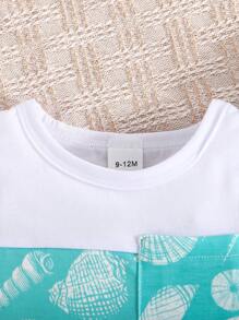 3pcs/Set Fashionable Baby Girl & Boy Shell Printed Top, Printed Shorts And Hat, Summer Outfit - Blue - View 3