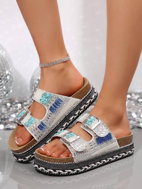 Sandalias planas de estilo coreano con suela gruesa para el verano 2025, sandalias casuales con doble hebilla de cristal, zapatos de talla grande para cruce de fronteras