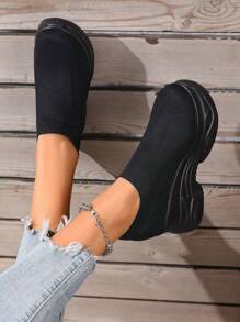 Women's Black Sport Shoes Platform Sneakers Waterproof Wedge Knit Casual Lace Up Shoes - Black - View 4