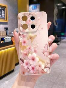 1 pieza Funda de teléfono con diseño floral y de mariposa, compatible con Apple, Galaxy, Infinix, Redmi, OPPO, VIVO, Realme, resistente al agua, a los golpes, a las caídas y a los arañazos, versión internacional, no la versión nacional - Beis - Ver 3