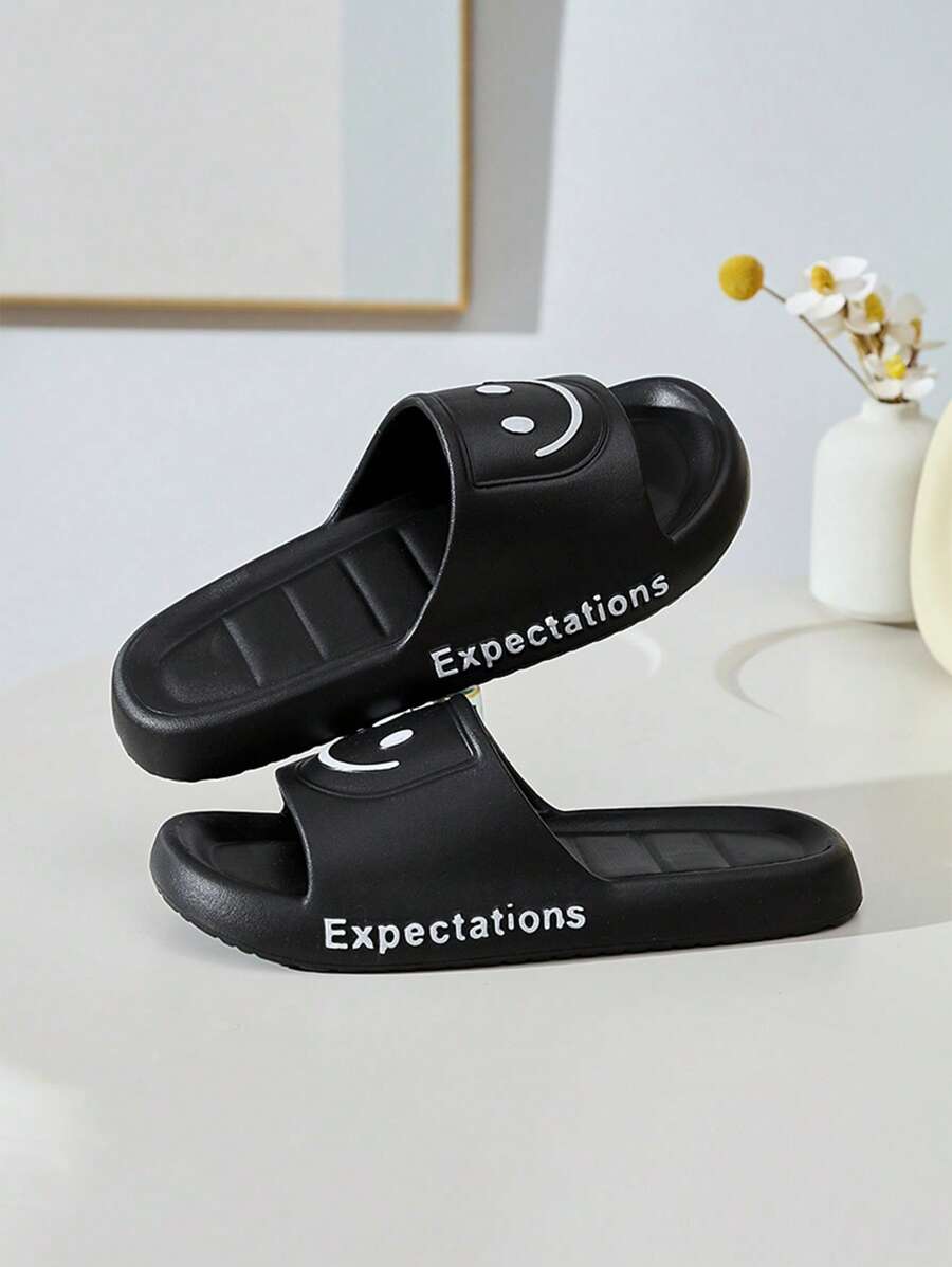 Women's Soft Bottom Slip-Resistant Smiling Face EVA Material Thick Bottom Quick-Dry Home Slippers - Black 2.0 - View 1