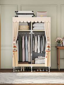 1pc Cute Cartoon Pattern Portable Wardrobe, Modern Style Fabric Cover, Steel Pipe Frame And Plastic Connectors, Sturdy And Durable, With 2 Hanging Sections And 2 Storage Shelves, Reasonable Storage Space, Suitable For Home, Single Apartment, Dormitory, Bedroom Closet Storage Furniture, 86x45x170cm - Multicolor - View 4