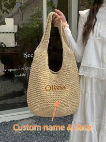 Personalized Embroidered Name Straw Craft Beach Vacation Style Tote Bag, Vintage Large Capacity Shoulder Bag - Apricot - View 2