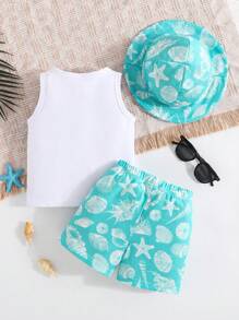 3pcs/Set Fashionable Baby Girl & Boy Shell Printed Top, Printed Shorts And Hat, Summer Outfit - Blue - View 2