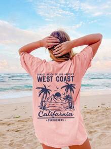 Teen Girl Sea View And SLogan Print Graphic Tees For Girl Short Sleeve T Shirts,Teen Girl's Summer Tops Crewneck Shirt Blouse