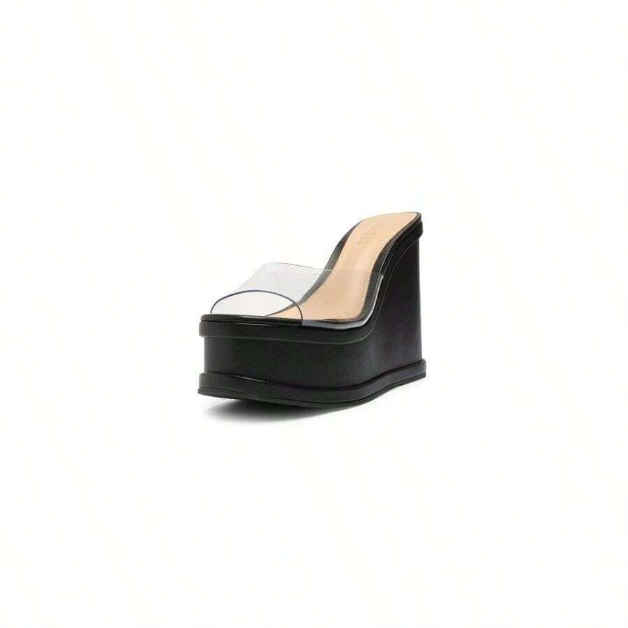 Schutz Dalle Vinyl Black Rounded Square Toe Leather Trim Wedge High Heel Sandals - 黑色 - 查看 1
