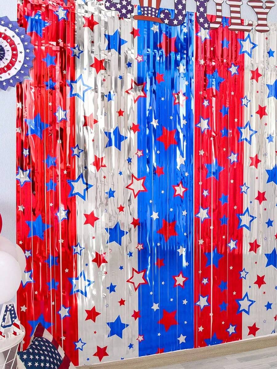 4th Of July Decorations,1/2/3 Packs Red White And Blue Tinsel Foil Fringe Curtains,Independence Day Photo Booth Backdrop,America Star Metallic Door Streamers For Patriotic Party Memorial Day Labor Day - Multicolor - View 1
