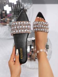 女士珍珠尖头拖鞋，夏季海滩时尚单品 - 黑色 - 查看 1