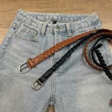 1/2/3 Pcs Women's Braided Faux Leather Finger Loop Buckle Waist Belt, Gold & Silver Belt Buckle, For S/Skirts, Black & Beige Belt Set Summer, School Fall, Autumn, Halloween - Multicolor - View 22