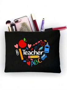 2 Pieces Teacher Appreciation Gift Set - Large Capacity Fashion Tote Bag With "Teacher" Print, Black Linen Coin Purse, Cosmetic Bag, Lining, And No Closure - Perfect For Educators And School Staff, Teacher's Thank-You Gift, Stylish Casual Accessories For Outings, Vacations, Daily Commute, Thank You Teacher Gifts - Black - View 23