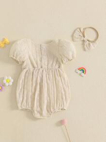 Fashionable Baby Girl Flower Jacquard Romper Short Sleeve Bodysuit With Bow Headband - Cute Summer Clothes That Make Every Baby Shine - Apricot - View 3
