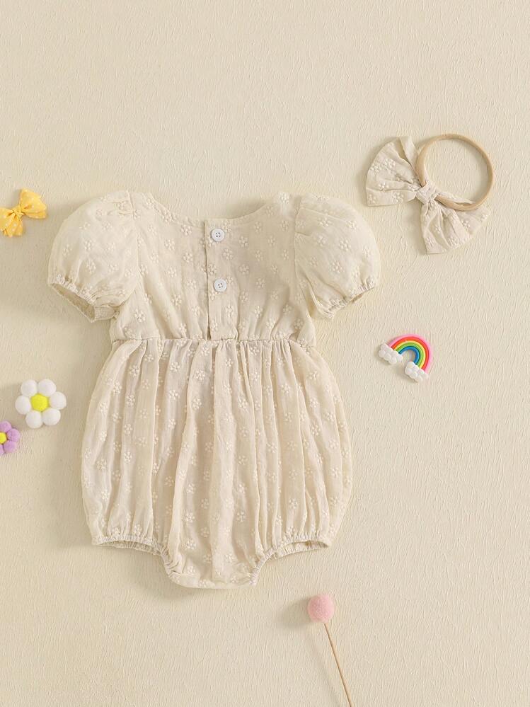 Fashionable Baby Girl Flower Jacquard Romper Short Sleeve Bodysuit With Bow Headband - Cute Summer Clothes That Make Every Baby Shine - Apricot - View 3
