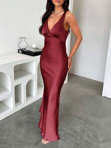 Đầm hè Look Polly dành cho nữ, đầm maxi lụa màu trơn, đầm hai dây phù hợp cho đám cưới, mùa thu, đi học và các dịp khác, đầm dự tiệc trễ vai, đầm dài cổ chữ V thanh lịch và gợi cảm. - Màu Đỏ Sâu - Xem 7