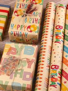 6pcs Vibrant Kraft Birthday Wrapping Paper Set - Colorful Balloons, Happy Birthday Letters, And Candles Designs - Perfect For Birthday Parties - Multicolor - View 10
