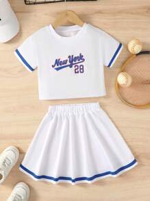 NEW YORK Print Girls Athleisure Set, Breathable Sports T-Shirt + Short Skirt Set Preppy Tennis Suit For Summer Outdoor Outdoor