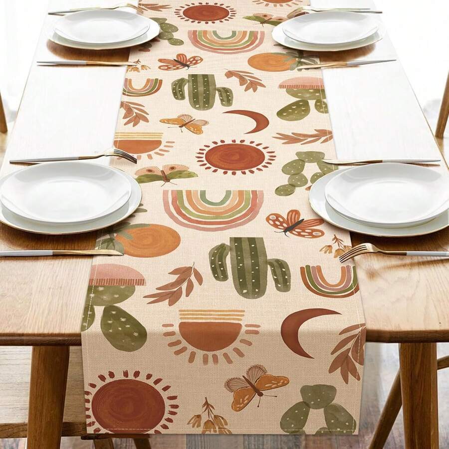 1pc Spring/Summer Decorative Table Runner With Minimalist Sun, Cactus, Butterfly, Rainbow Patterns, Suitable For Indoor/Outdoor Parties, Spring/Summer Home Decor - Multicolor - View 1