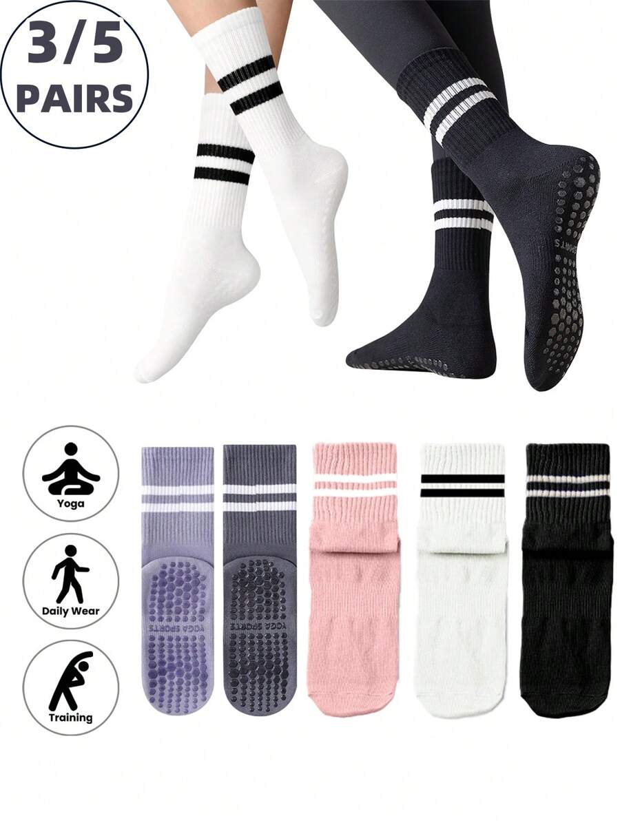 5 Pairs Women's Crew Yoga Socks With Dual Stripes, Full Sole Silicone Anti-Slip, Comfortable Soft Cushioned, Suitable For Dance, Pilates Yoga, Indoor Fitness Grip Socks - Multicolor - View 1