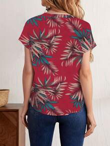 女士热带植物印花 V 领蝙蝠袖沙滩衬衫 - 紅色 - 查看 2
