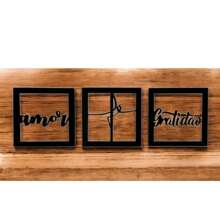 Quadros decorativos fé amor gratidão em MDF Preto, Kit Quadro Decorativo Vazado 3 peças